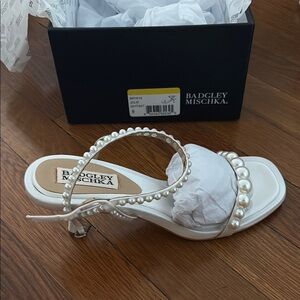 Badgley Mischka White Heels with Pearl Embellishments